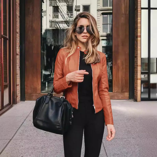 Chaqueta para mujer, ropa de calle Vintage con cuello levantado y cremallera, abrigos de cuero para motociclista, Tops informales Punk para mujer, prendas de vestir exteriores cortas de primavera