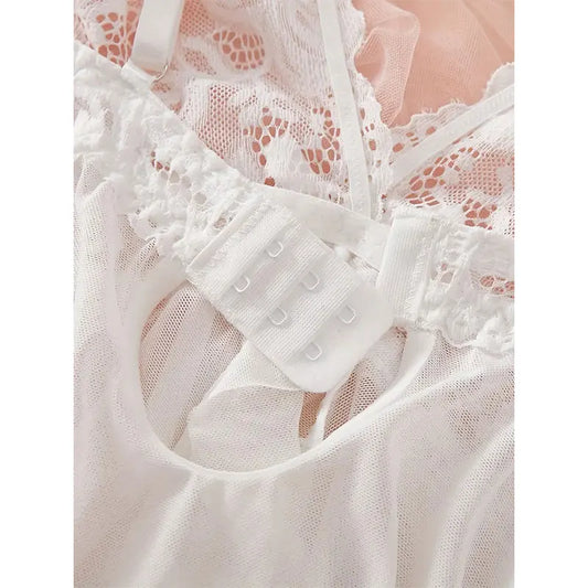 Bragas de corte bajo con cuello en V profundo para mujer, Pijamas de malla sin espalda, lencería Sexy roja transparente, ropa de dormir transparente, camisón de encaje